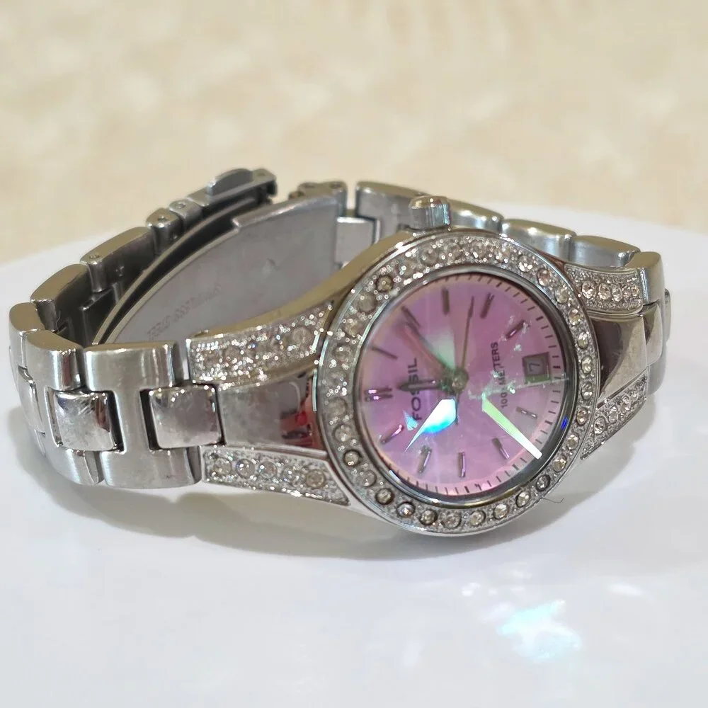 FOSSIL BLUE Pink Dial Rivoli Crystal 100M Quartz Watch Jeweled Bezel Band AM4026